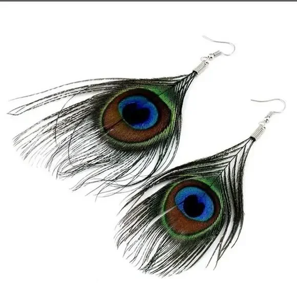 Whimsical Natural Delicate Boho Peacock Feather Dangle Drop Hook Earrings A0105 - Picture 5 of 12